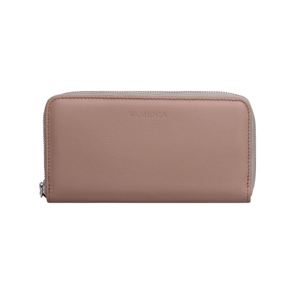 Large zip-around wallet made from taupe calf leather